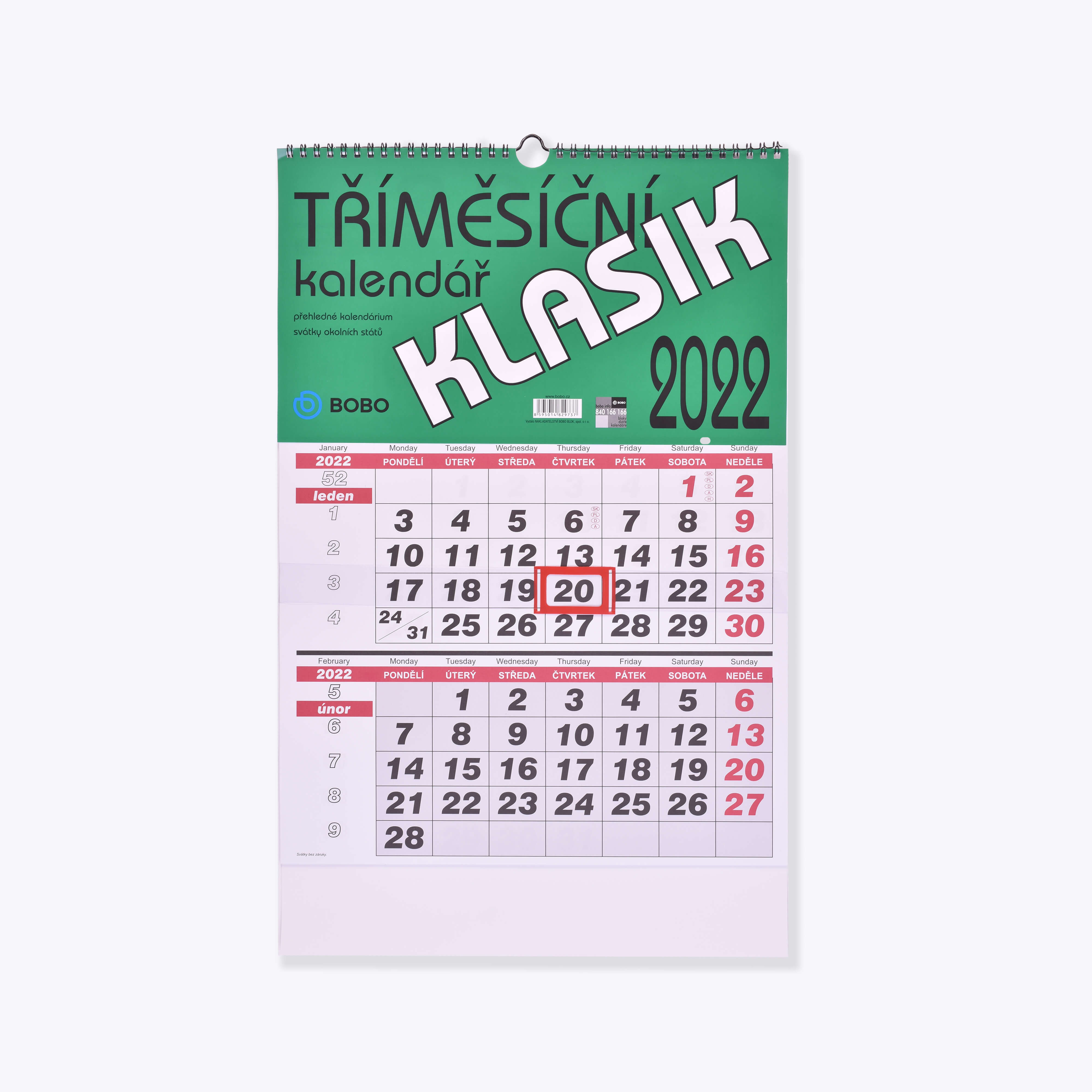 BOBO Nástěnný kalendář tříměsíční KLASIK 2022