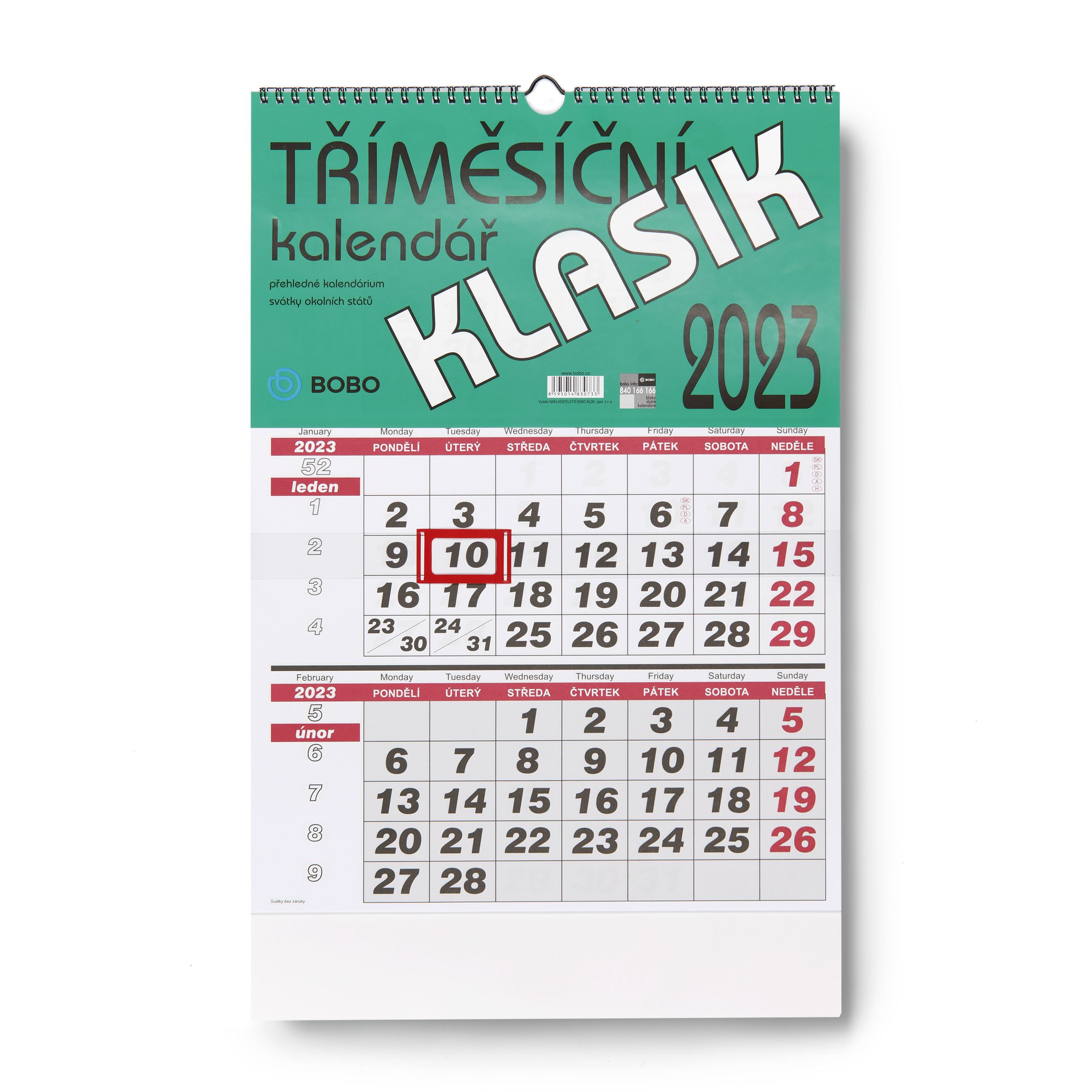 BOBO Nástěnný kalendář tříměsíční KLASIK 2023