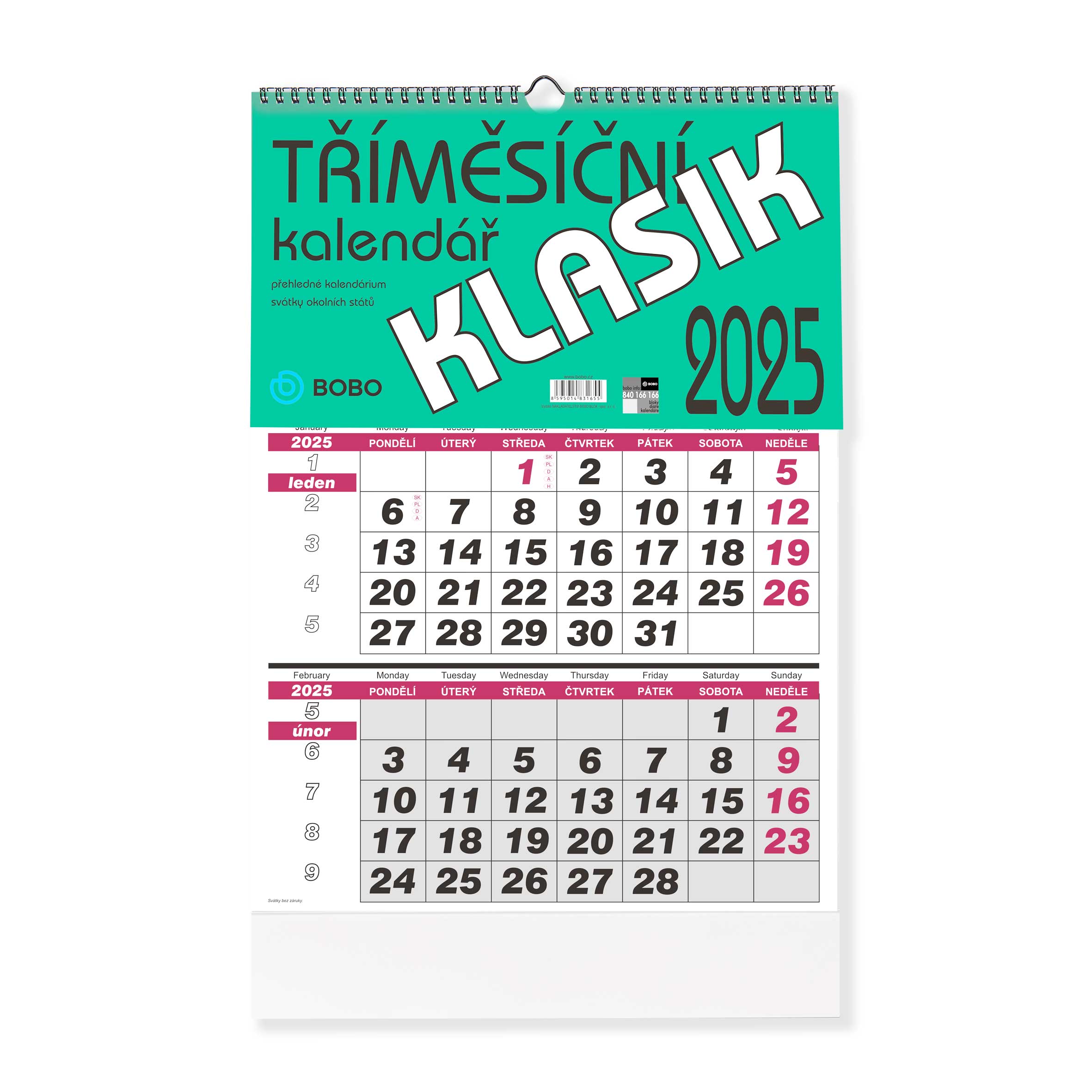 BOBO Nástěnný kalendář tříměsíční KLASIK 2025