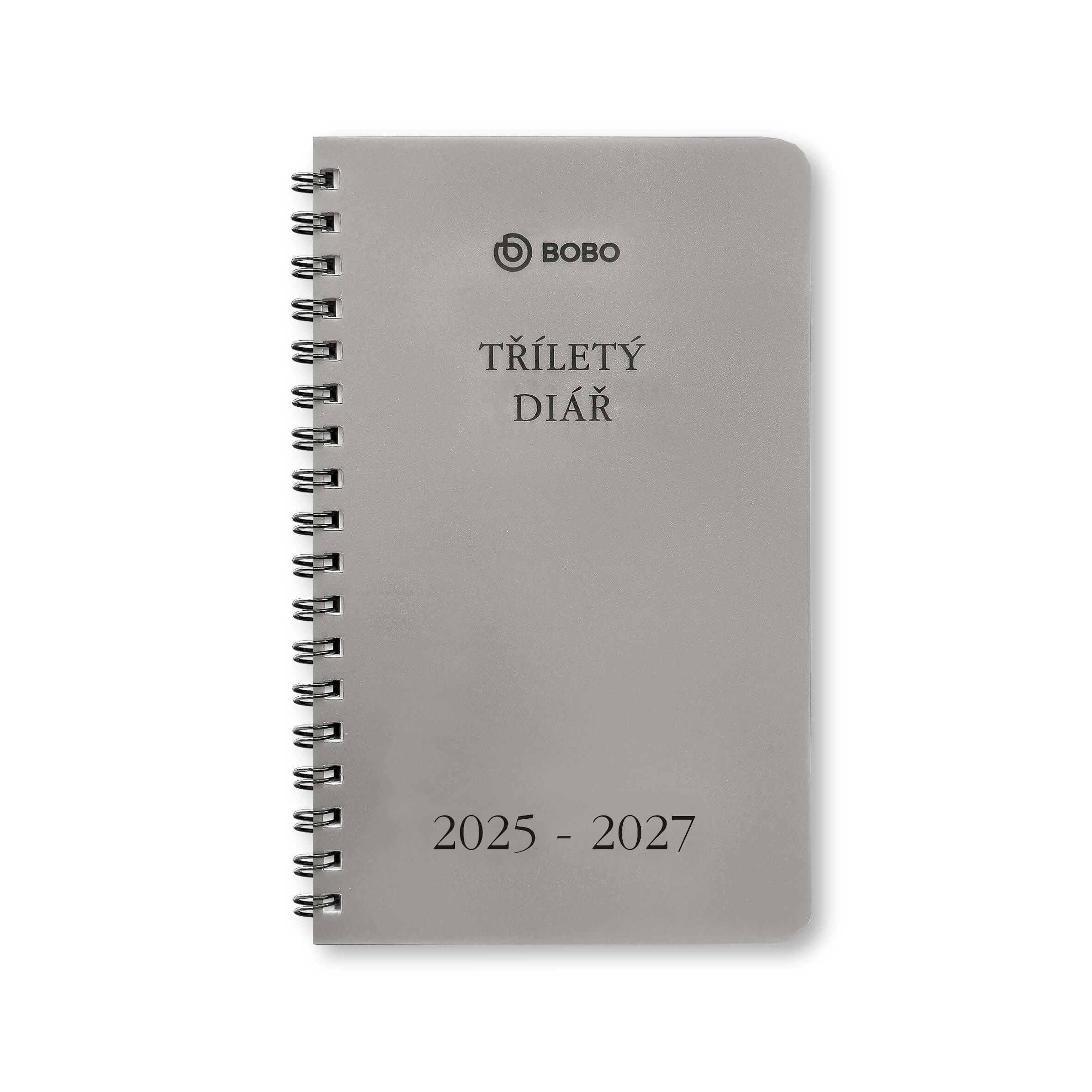BOBO Tříletý kroužkový diář 2025–2027, měsíční, na výšku, 100x160 mm, stříbrný