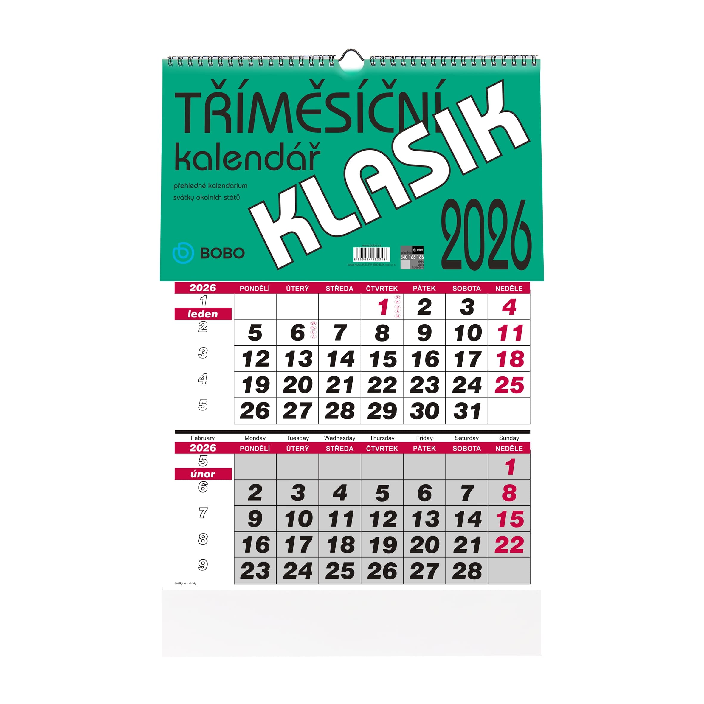BOBO Nástěnný kalendář tříměsíční KLASIK 2026