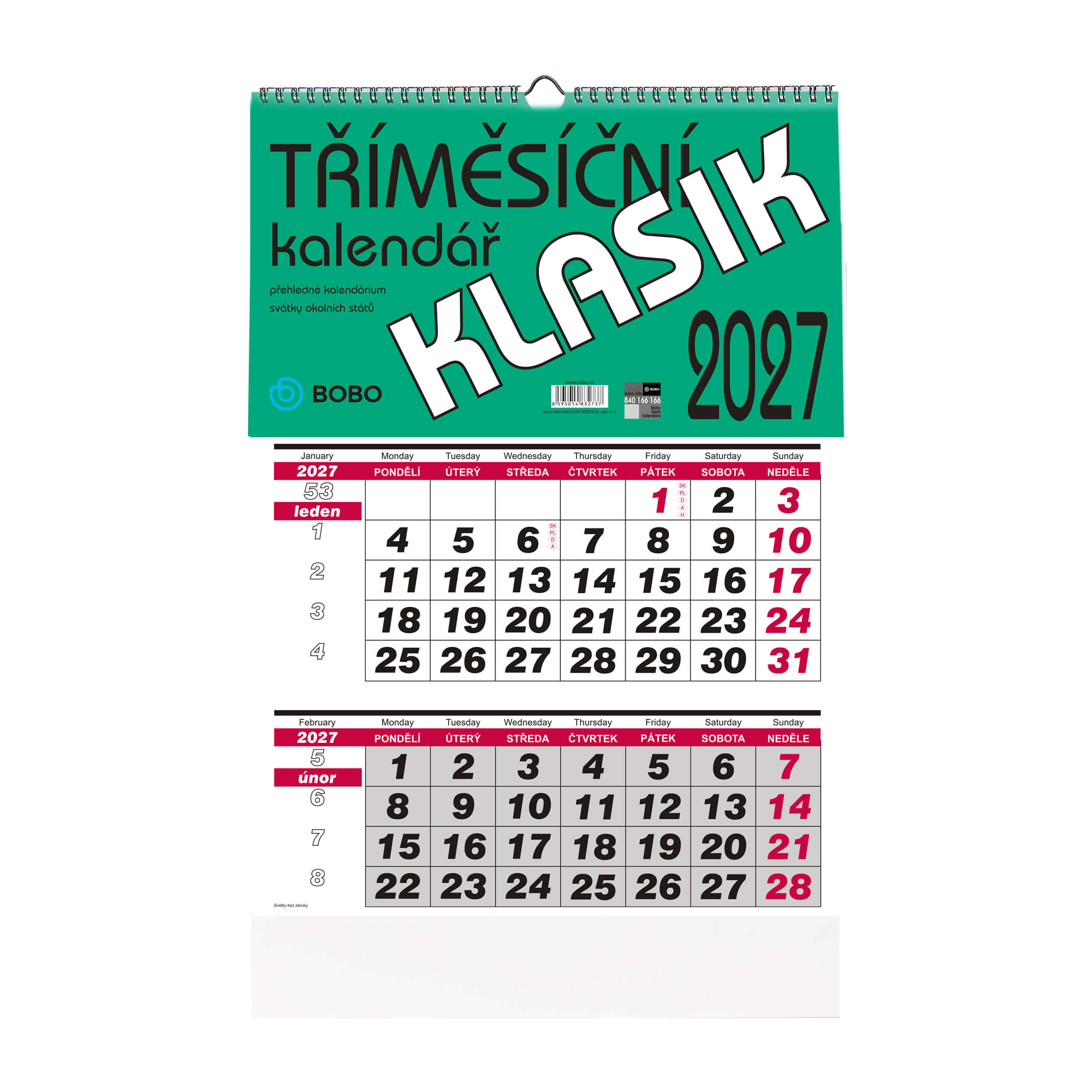 BOBO Nástěnný kalendář tříměsíční KLASIK 2027