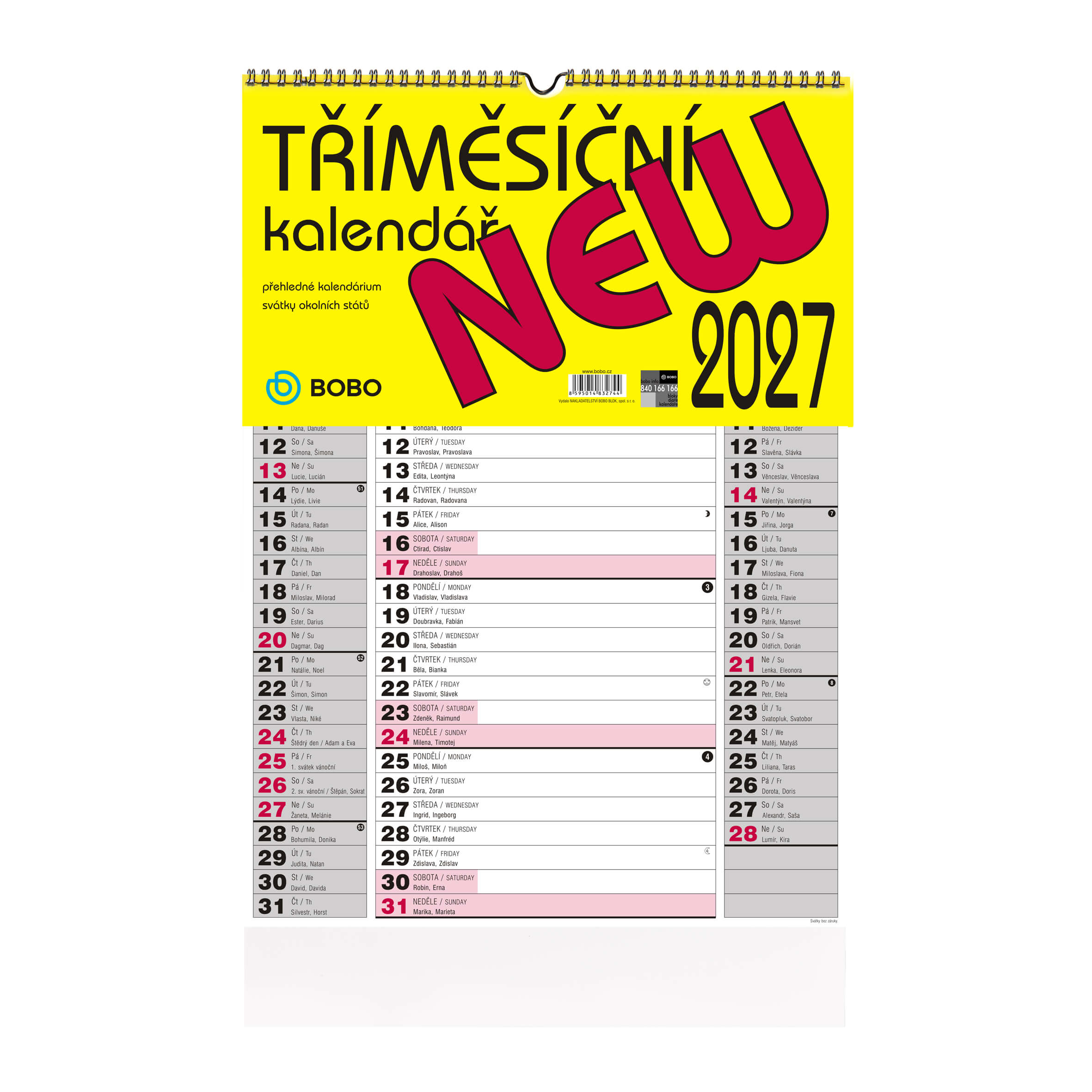 BOBO Nástěnný kalendář tříměsíční NEW 2027