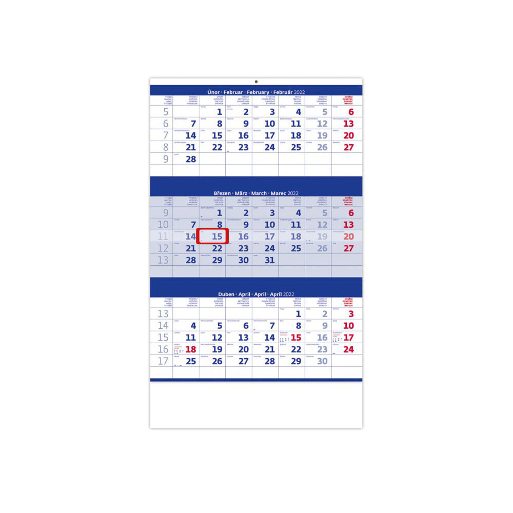 Třímsíční nástěnný kalendář 2022, modrý