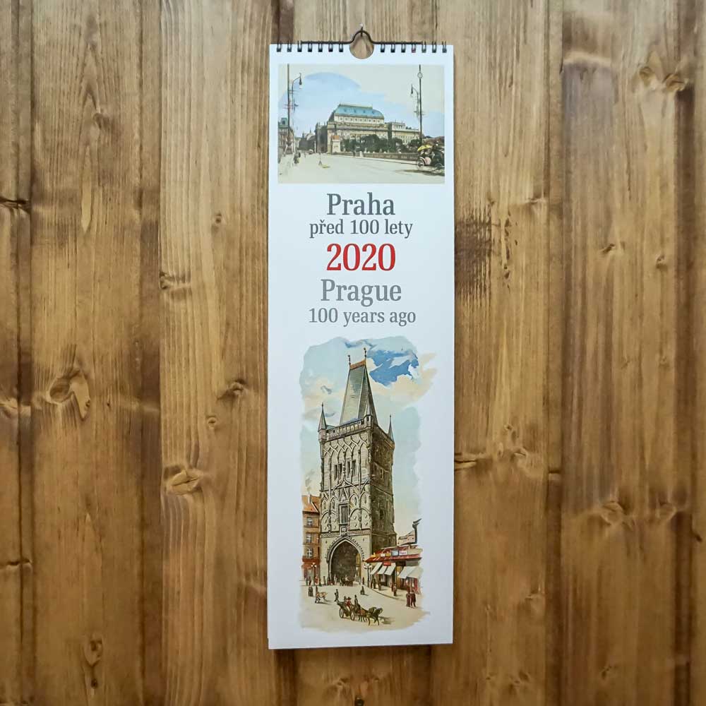 Nástěný kalendář Praha před 100 lety s dvojitou kroužkovou spirálou a háčkem pro zavěšení
